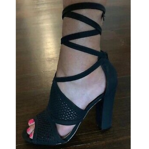 Black Lace Up Block Heel Peep Toe Sandal - Picture 2 of 5